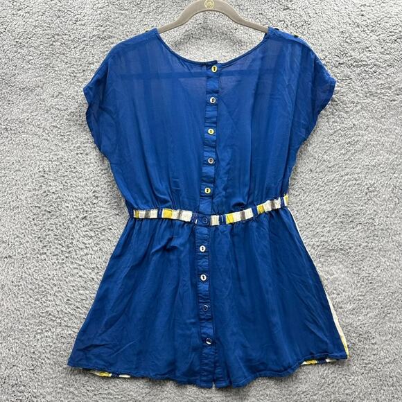 Mine NWOT‎ Women's Large Blue Yellow Tunic Short Sleeve Top Elastic Waist - Picture 5 of 8